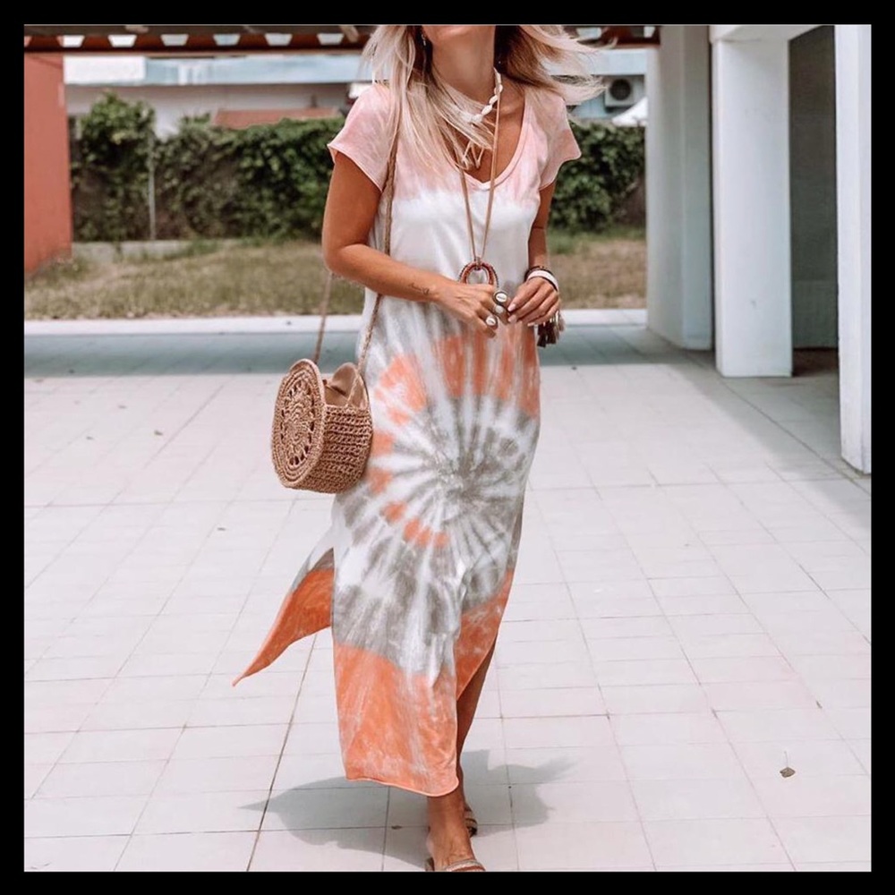 Tie Dye V-Neck Short Sleeve Loose Maxi Dresses - Picture 1 of 4